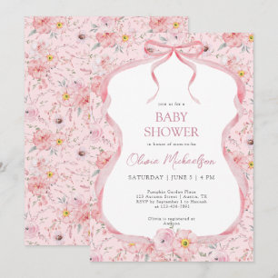 Invitación Chica de cinta rosada Floral Bow Coquette Pink Rib