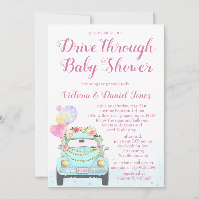 Invitación Chica De Coche A Través De Baby Shower (Anverso)