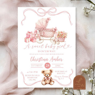 Invitación Chica de Cochecito de Bebé con Lazo Rosa Fiesta de