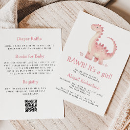 Invitación Chica de código QR de dinosaurios rosados