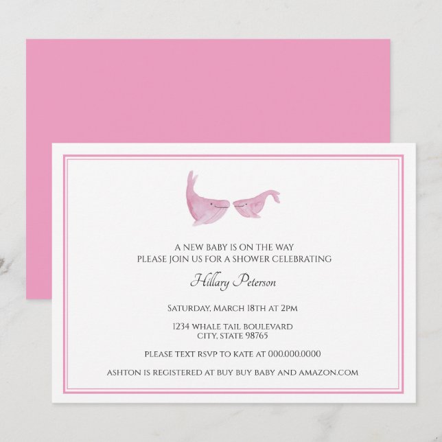 Invitación Chica de color agua rosada para bebé ballena (Anverso / Reverso)