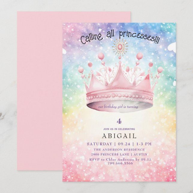 Invitación Chica de color rosa de la princesa Tiara (Anverso / Reverso)