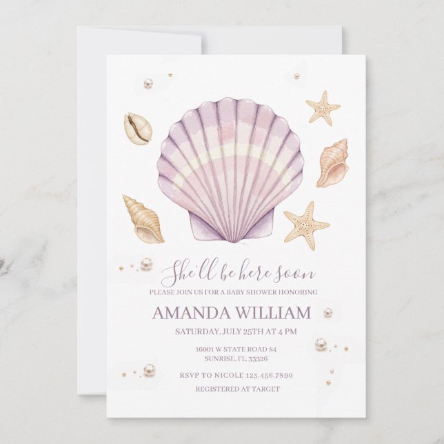 Invitación Chica de concha rosa Baby Shower (Anverso)