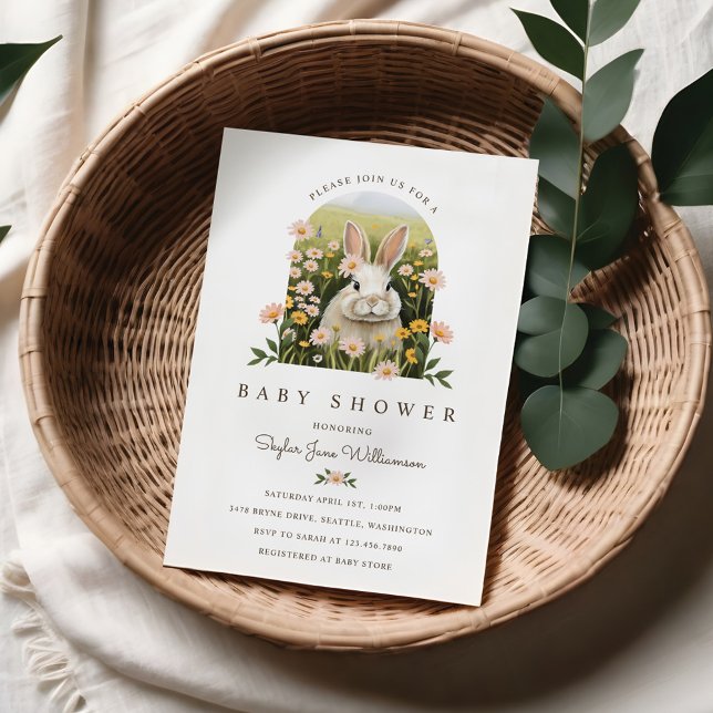 Invitación Chica de Conejito de Campo Cute Wildflowers Baby S (Cute Country Bunny Wildflowers Girl Baby Shower Invitation)