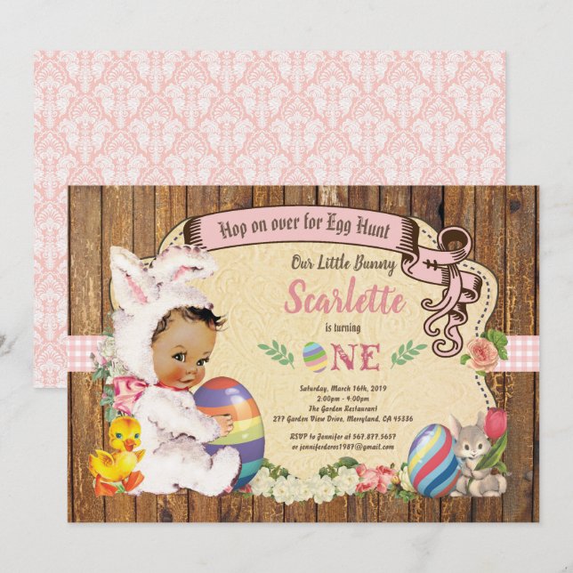 Invitación Chica de conejito de Pascua 1 cumpleaños caza de h (Anverso / Reverso)
