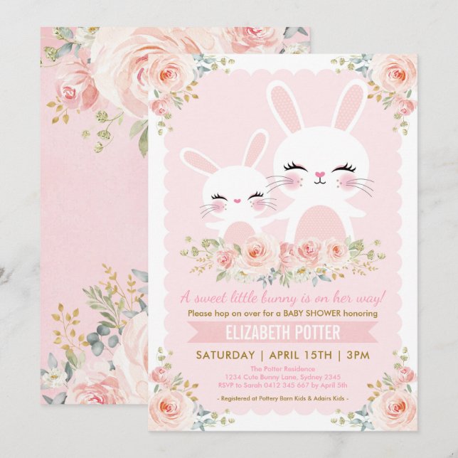 Invitación Chica de conejito floral rosado Baby Shower/conejo (Anverso / Reverso)