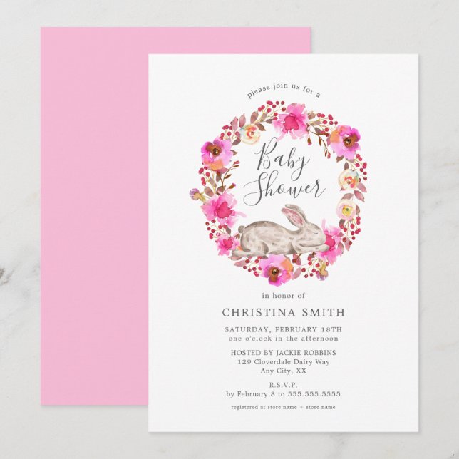 Invitación Chica de conejito rosa floral Baby Shower (Anverso / Reverso)