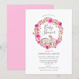Invitación Chica de conejito rosa floral Baby Shower