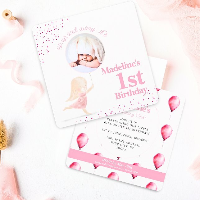 Invitación Chica de conejo caprichoso primero cumpleaños foto (Simple Cute Whimsical Bunny Rabbit Girls 1st birthday party invitation with pink balloons & confetti)