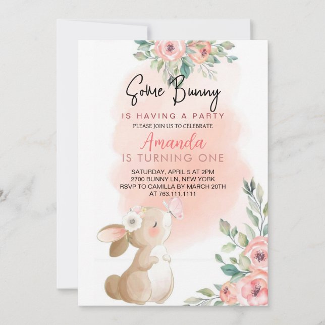 Invitación Chica de conejo floral (Anverso)