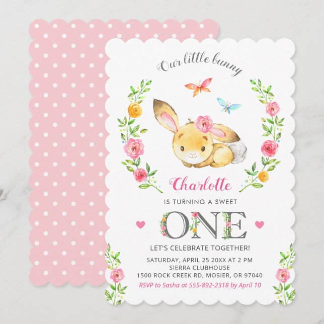 Invitación Chica de conejo floral cute primera fiesta de cump (Anverso / Reverso)