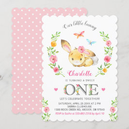 Invitación Chica de conejo floral cute primera fiesta de cump