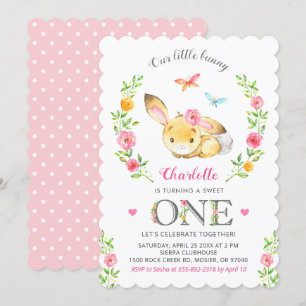 Invitación Chica de conejo floral cute primera fiesta de cump
