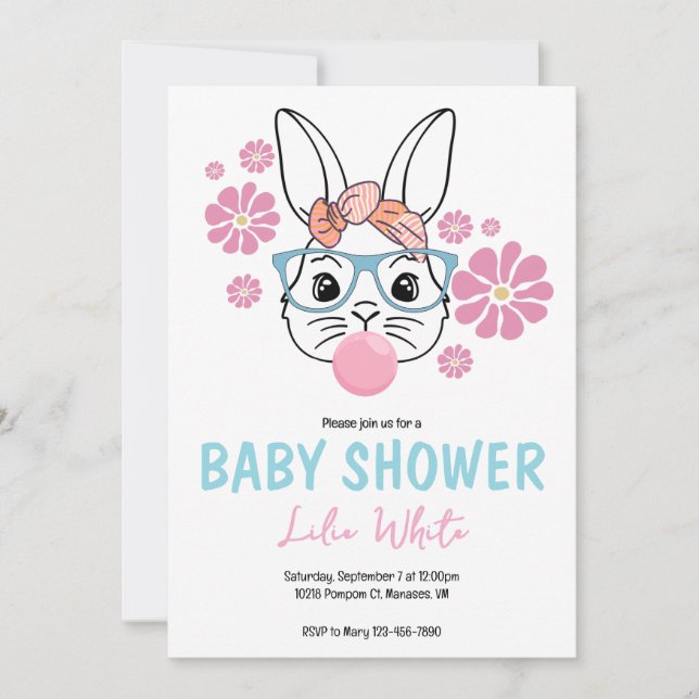 Invitación Chica de conejo floral rosa Baby Shower personaliz (Anverso)