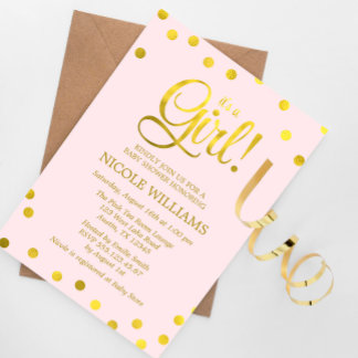 Invitación Chica de Confetti de Oro Rosa y Faux Baby Shower