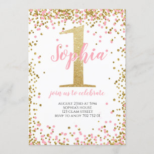 Invitación Chica de confetti rosado de Rubor Primer cumpleaño