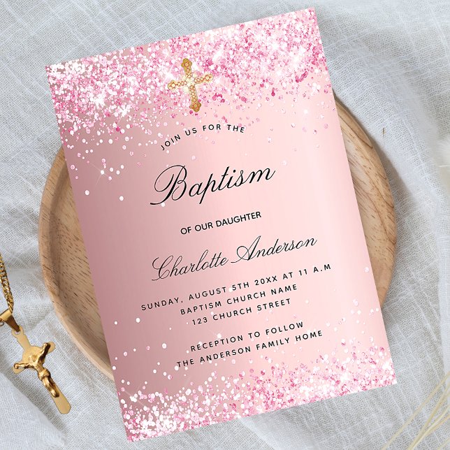 Invitación Chica de confetti rosado del bautismo (Subido por el creador)