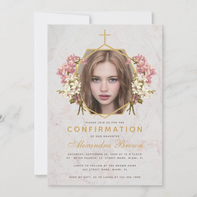 Invitación Chica de confirmación Foto Floral Orquídeas rosada (Anverso)