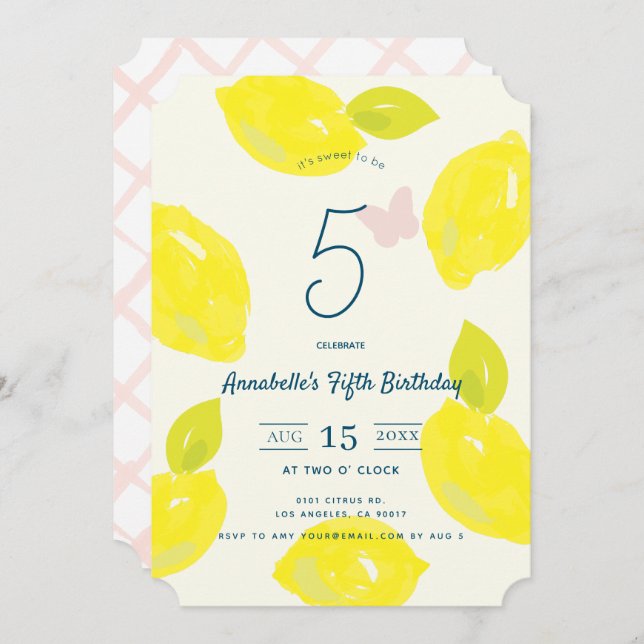 Invitación Chica de control de limón y rosa pintado a mano Cu (Anverso / Reverso)