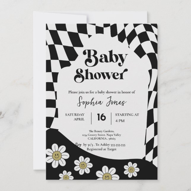 Invitación Chica de control negro | Gingham | Ducha de bebé d (Anverso)
