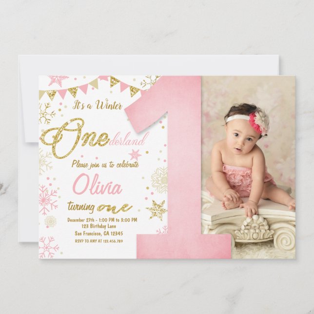 Invitación Chica de copos de nieve rosados de Omán en inviern (Anverso)