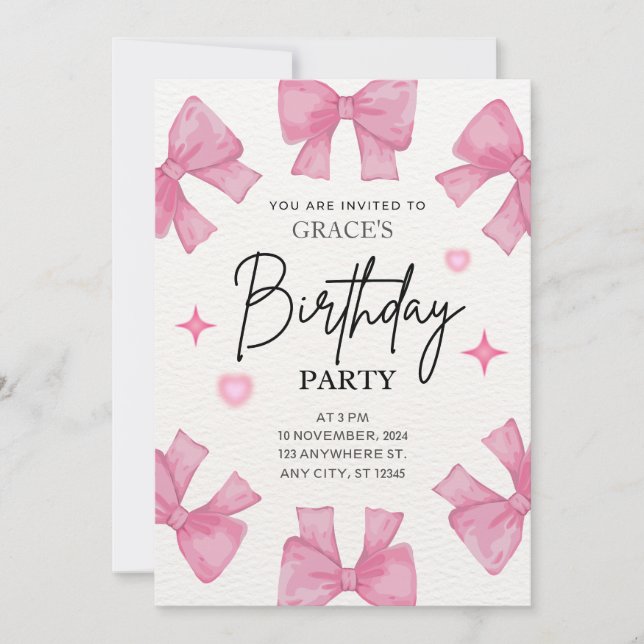 Invitación Chica de coqueta rosa de la fiesta de cumpleaños d (Anverso)