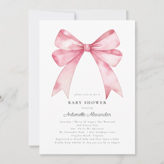 Invitación Chica de Coquette Moderno Bow Rosa Baby Shower (Anverso)