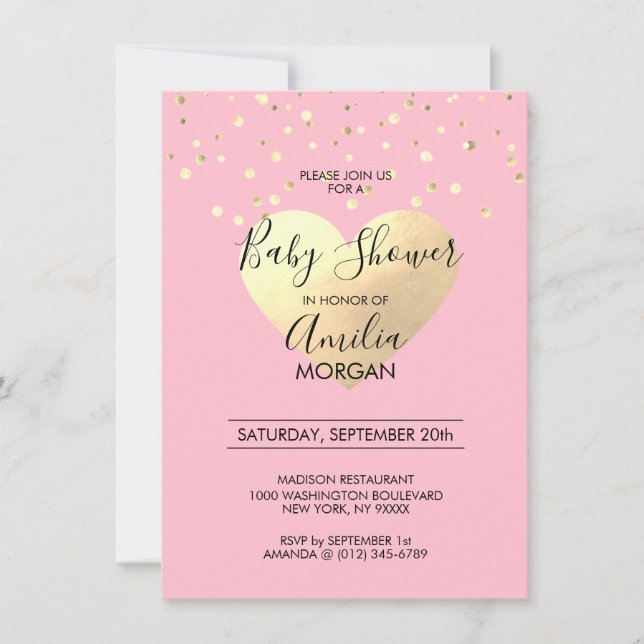 Invitación Chica de corazón de Relieve metalizado dorado rosa (Anverso)