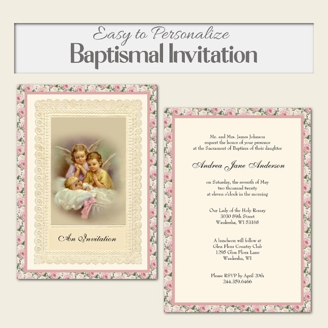 Invitación Chica de cosecha católica bautismo bautizar ángele (Beautiful religious vintage angels baptismal invitation with pink roses)