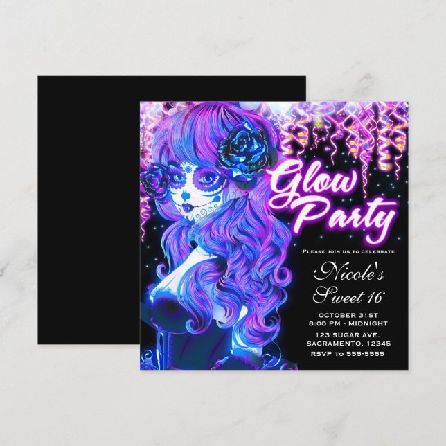Invitación Chica de cráneo de azúcar muerto Fiesta de Neon (Anverso / Reverso)
