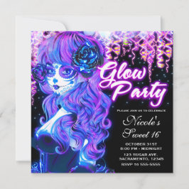Invitación Chica de cráneo de azúcar muerto Fiesta de Neon