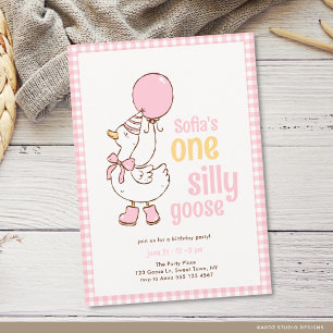 Invitación Chica de Cuadros Rosas Un Ganso Tonto Cumpleaños 1