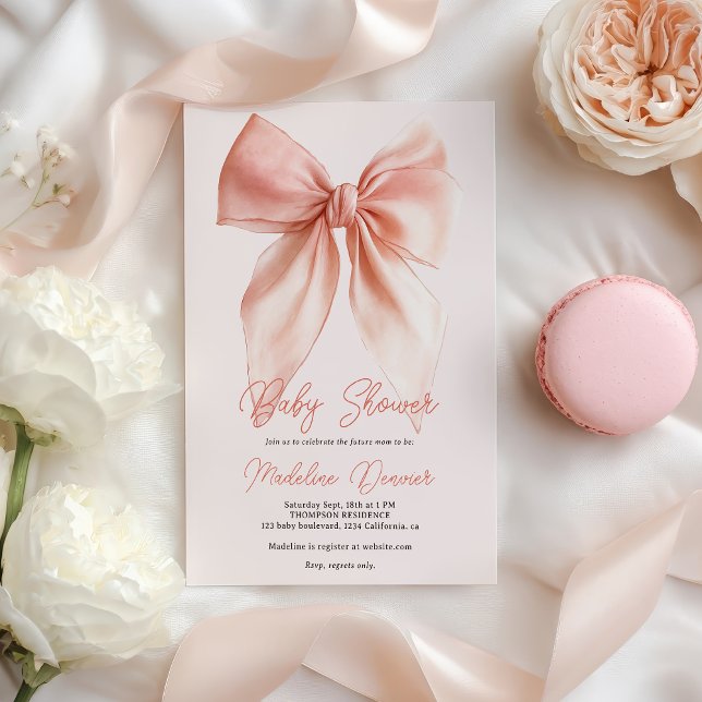 Invitación Chica de cuchara rosa de Rubor suave (Cute Blush Pink Coquette Bow Girl Baby Shower Invitation)
