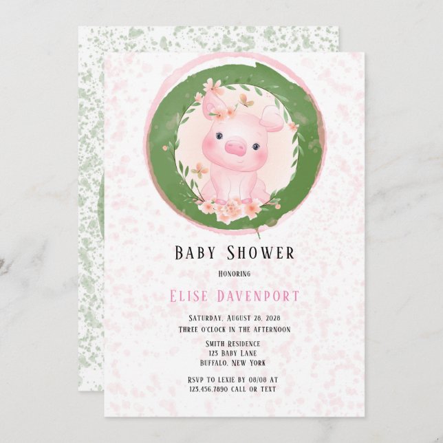 Invitación Chica de cuidado de cerdo rosa Baby Shower (Anverso / Reverso)