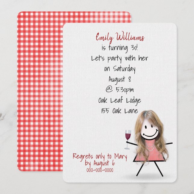 Invitación Chica de cumpleaños 30 con vino (Anverso / Reverso)