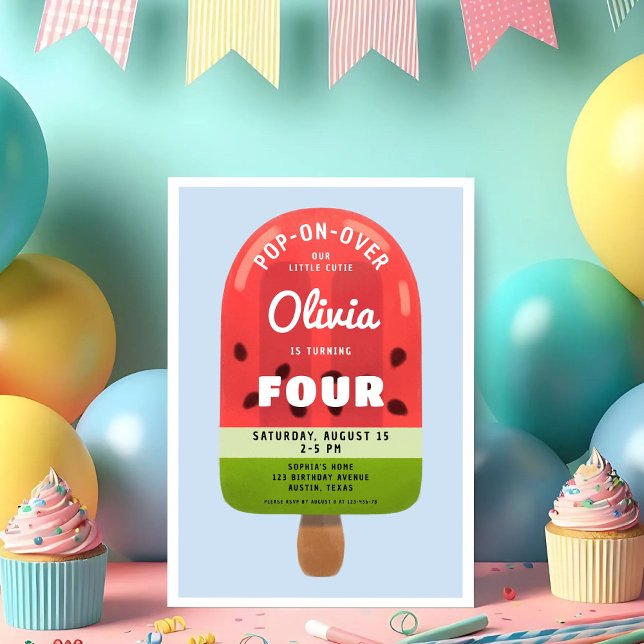 Invitación Chica de cumpleaños 4 con paleta de melón adorable (Cute Melon Popsicle Girl 4th Birthday Invitation)