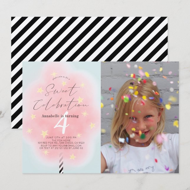 Invitación Chica de cumpleaños Candy Sweet Cotton Rosa (Anverso / Reverso)