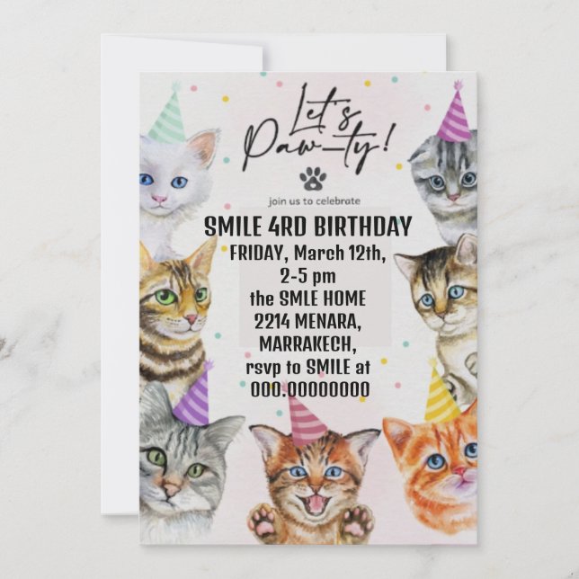 Invitación chica de cumpleaños chicas gatos gatos gatitos lin (Anverso)
