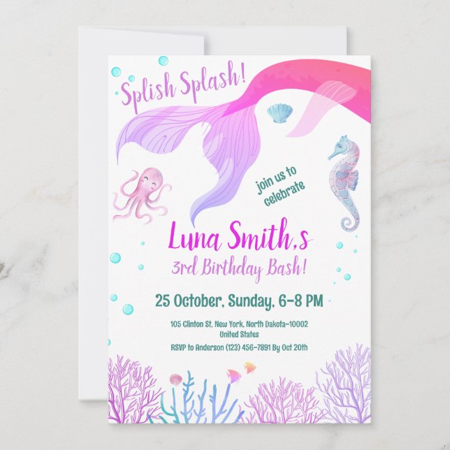 Invitación Chica de cumpleaños Color púrpura Animales del mar (Anverso)