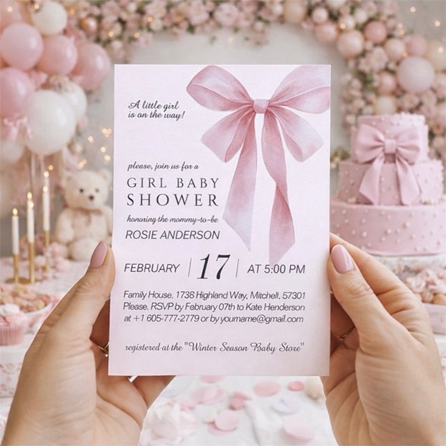 Invitación Chica de Cumpleaños con Lazo Rosa Suave (Soft Pink Bow Girl Baby Shower Invitation)