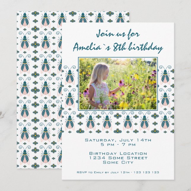 Invitación Chica de Cumpleaños con Patrón de Flores y Bichos  (Anverso / Reverso)