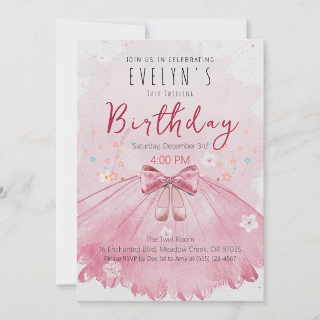 Invitación Chica de cumpleaños con tutú rosa, fiesta de balle (Anverso)