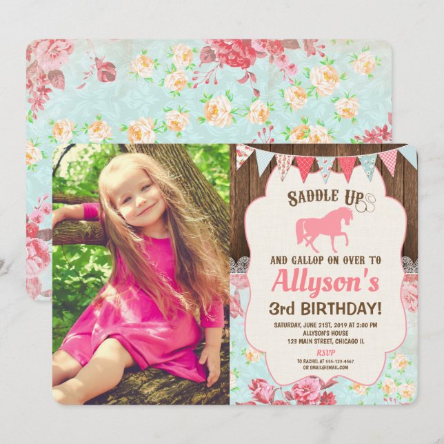 Invitación Chica de cumpleaños cowgirl de caballo, foto de ma (Anverso / Reverso)