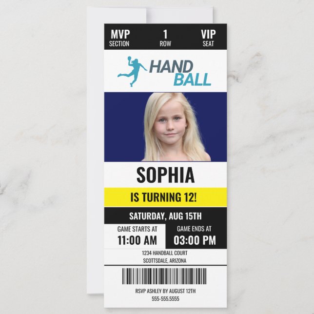 Invitación Chica de cumpleaños de balonmano, jugador de balon (Anverso)