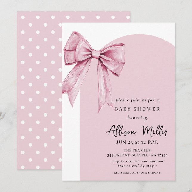 Invitación Chica de Cumpleaños de Bebé con Lazo Rosa Coquette (Anverso / Reverso)