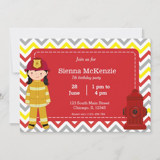 Invitación Chica de cumpleaños de bomberos (Anverso)