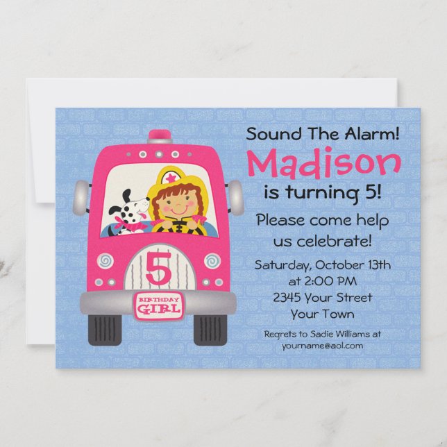 Invitación Chica de cumpleaños de camión de bomberos (Anverso)