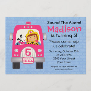 Invitación Chica de cumpleaños de camión de bomberos