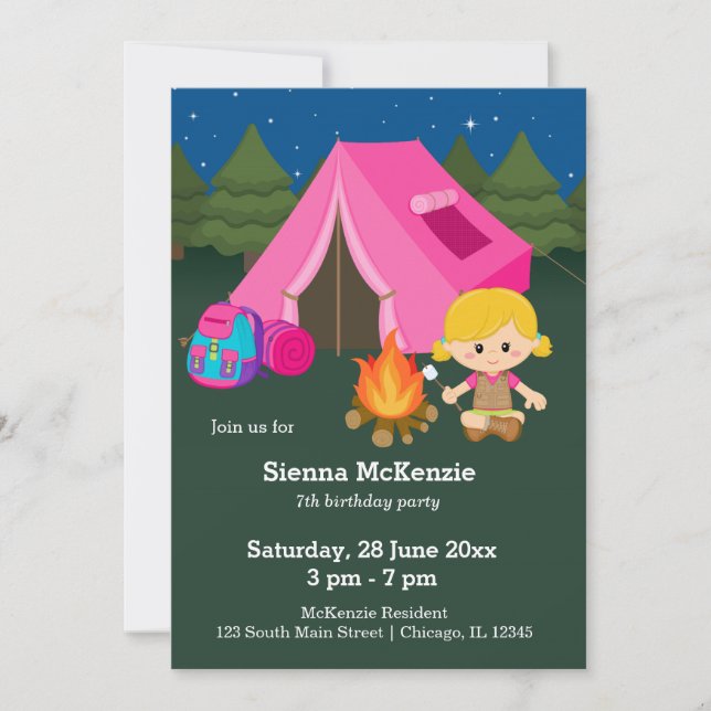 Invitación Chica de cumpleaños de camping (Anverso)