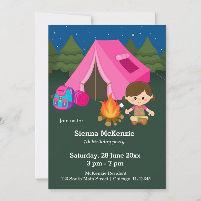 Invitación Chica de cumpleaños de camping (Anverso)